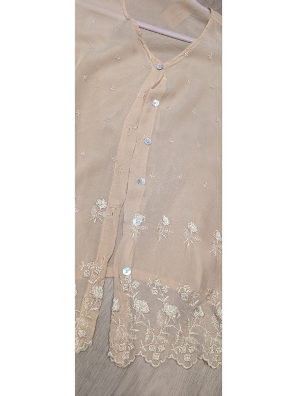 Vintage Sheer Embroidered Button-Front Blouse in Beige - Picture 4 of 10